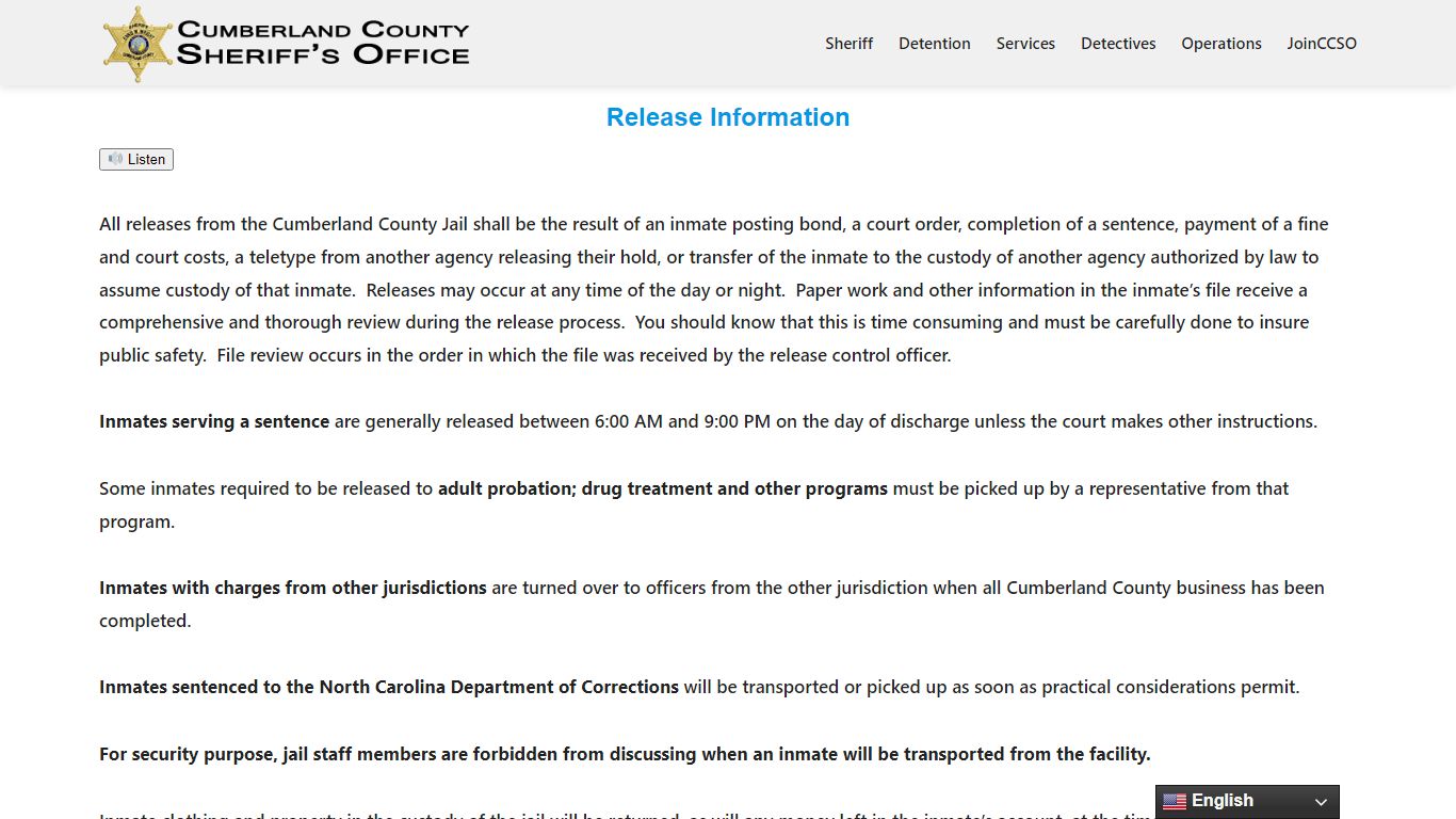 Release Information – Cumberland County Sheriff's Office - ccsonc.org